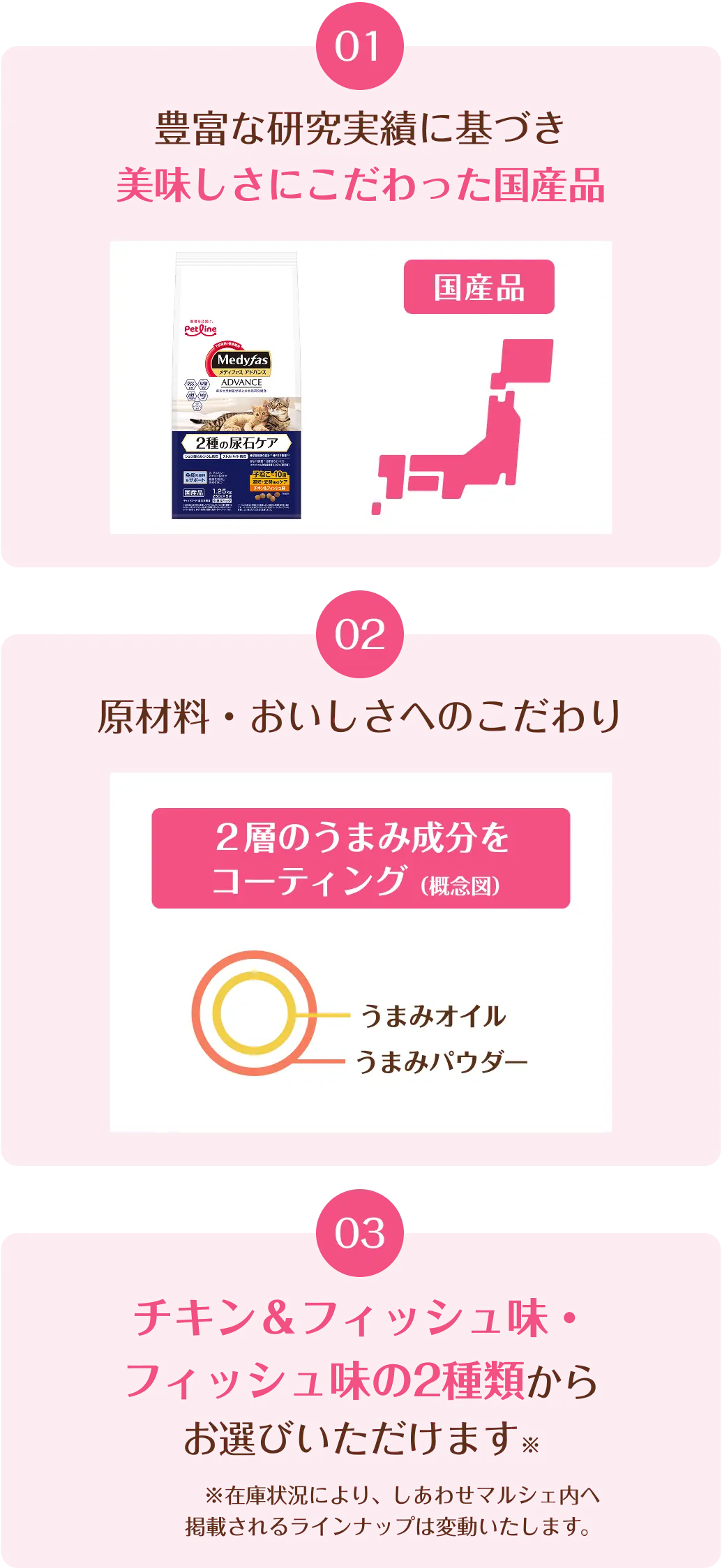 豊富な研究実績に基づいたうまみたっぷり安心安全の国産品 | 原材料・おいしさへのこだわり ２層のうまみ成分をコーティング（概念図） | チキン＆フィッシュ味・フィッシュ味の2種類からお選びいただけます※ ※在庫状況により、しあわせマルシェ内へ掲載されるラインナップは変動いたします。