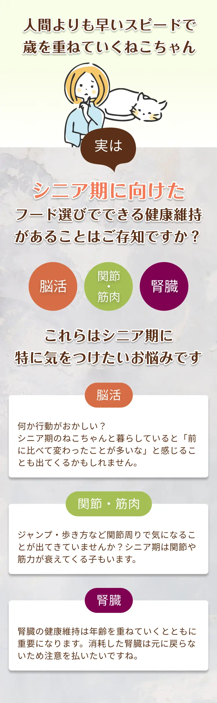 人間よりも早いスピードで歳を重ねていくねこちゃん | 実は シニア期に向けたフード選びでできる健康維持があることはご存知ですか? 認知機能、関節・筋肉、腎臓 これらはシニア期に特に気をつけたいお悩みです | 認知機能 何か行動がおかしい?シニア期のねこちゃんと暮らしていると「前に比べて変わったことが多いな」と感じることも出てくるかもしれません。 | 関節・筋肉 ジャンプ・歩き方など関節周りで気になることがでてきていませんか?シニア期は関節や筋力が衰えている子もいます。 | 腎臓 腎臓の健康維持は年齢を重ねていくとともに重要になります。消耗した腎臓は元には戻らないため注意を払いたいですね。
