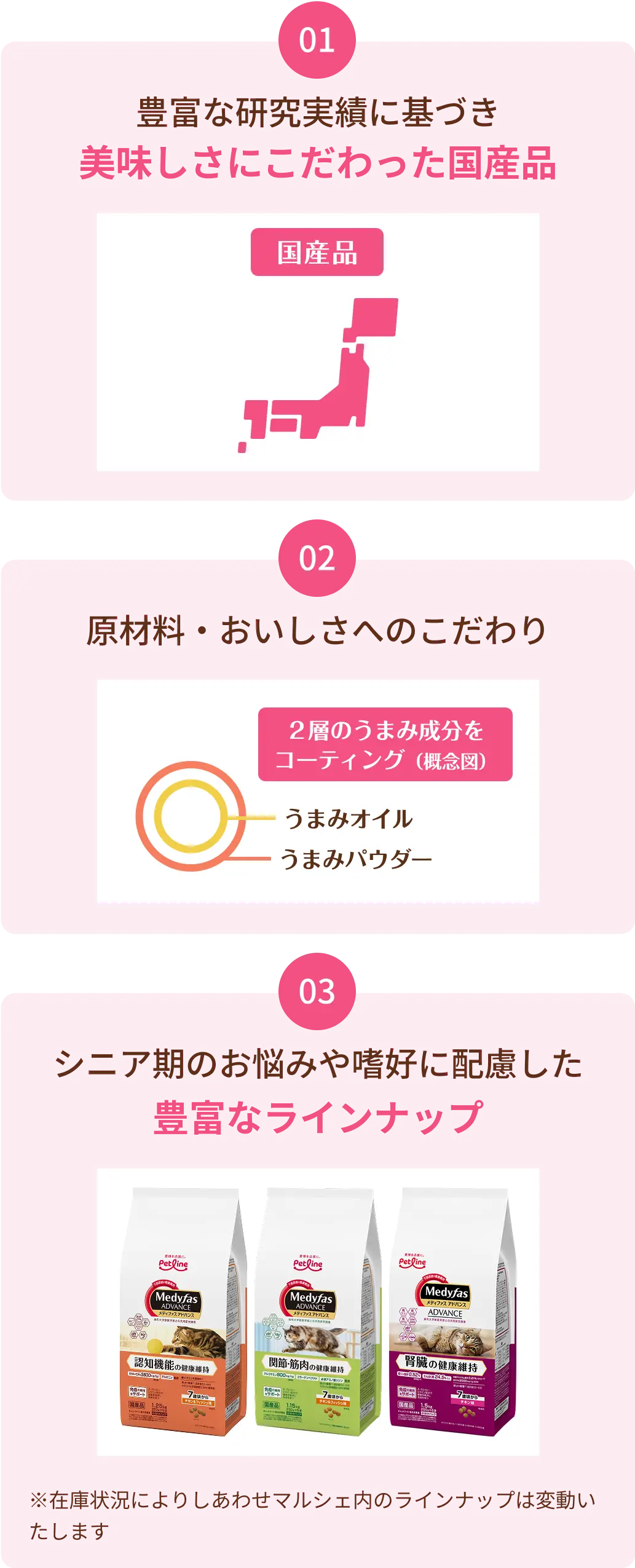 01 豊富な研究実績に基づいた旨味たっぷりの国産品 | 02 原材料・おいしさへのこだわり | 03 シニア期のお悩みや嗜好に配慮した豊富なラインナップ | ※在庫状況によりしあわせマルシェ内にラインナップは変動いたします